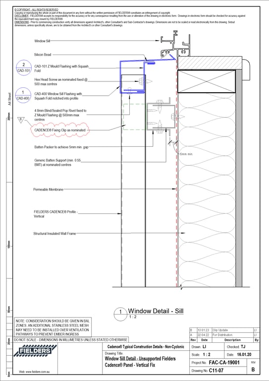  Image of C11-07 - Window Sill Detail - Unsupported Fielders Cadence® Panel - Vertical Fix