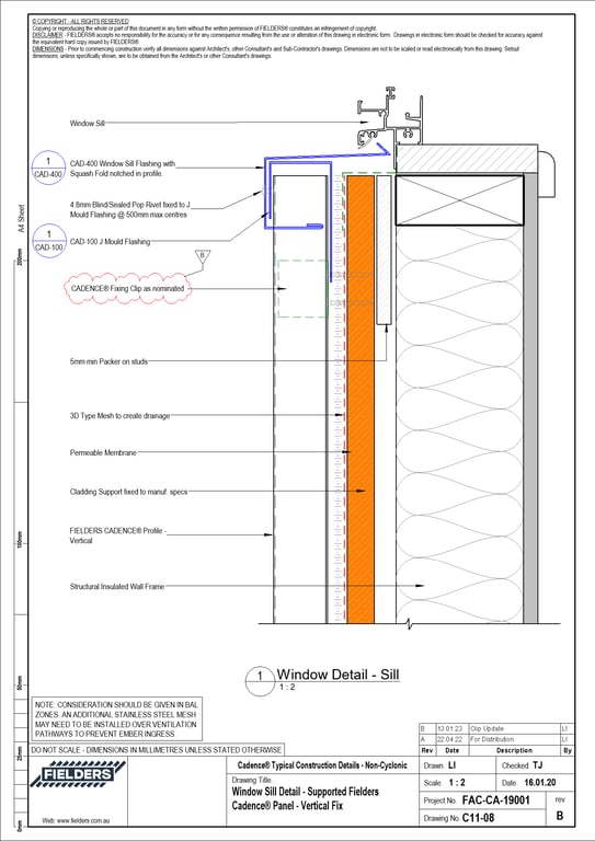  Image of C11-08 - Window Sill Detail - Supported Fielders Cadence® Panel - Vertical Fix