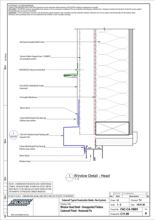  Image of C11-09 - Window Head Detail - Unsupported Fielders Cadence® Panel - Horizontal Fix