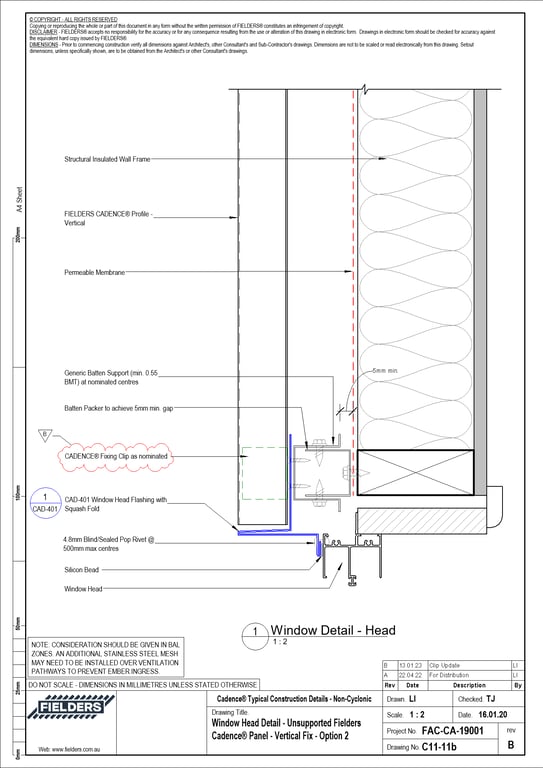  Image of C11-11b - Window Head Detail - Unsupported Fielders Cadence® Panel - Vertical Fix - Option 2