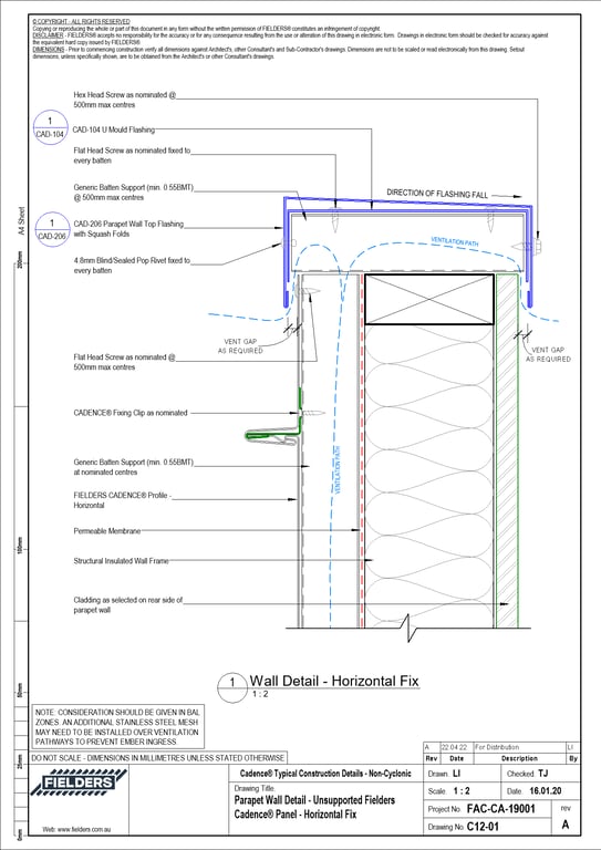 Navigate to C12-01 - Parapet Wall Detail - Unsupported Fielders Cadence® Panel - Horizontal Fix