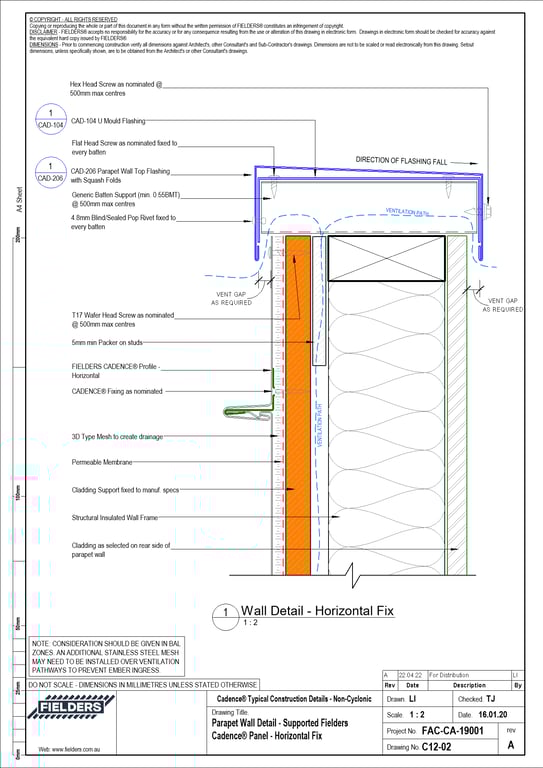 Navigate to C12-02 - Parapet Wall Detail - Supported Fielders Cadence® Panel - Horizontal Fix