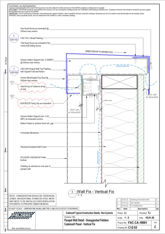 Navigate to C12-03 - Parapet Wall Detail - Unsupported Fielders Cadence® Panel - Vertical Fix