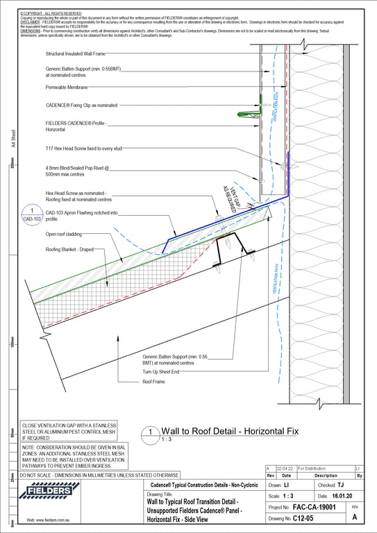 Navigate to C12-05 - Wall to Typical Roof Transition Detail - Unsupported Fielders Cadence® Panel - Horizontal Fix - Side View