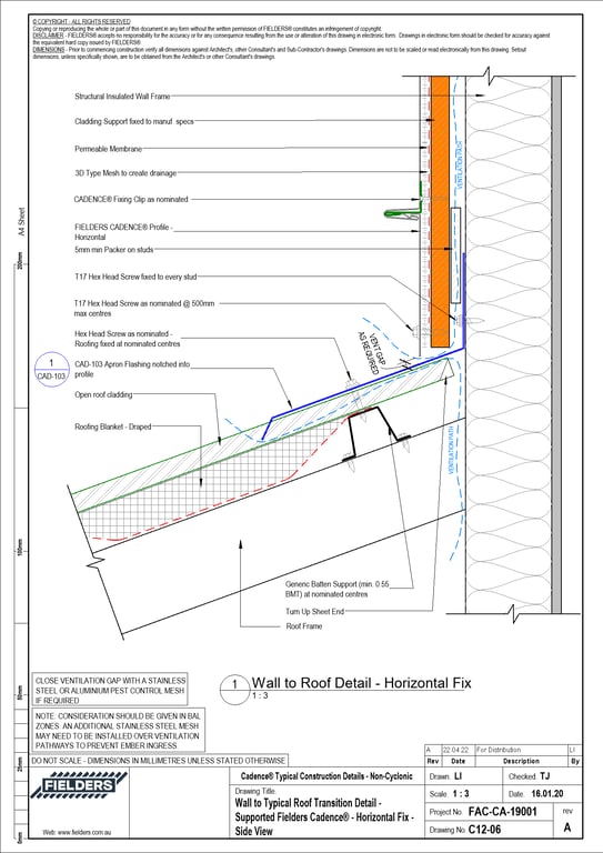 Navigate to C12-06 - Wall to Typical Roof Transition Detail - Supported Fielders Cadence® - Horizontal Fix - Side View