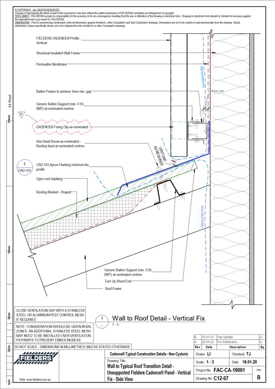 Navigate to C12-07 - Wall to Typical Roof Transition Detail - Unsupported Fielders Cadence® Panel - Vertical Fix - Side View