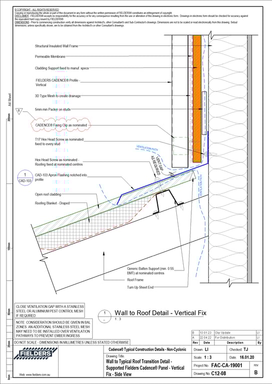 Navigate to C12-08 - Wall to Typical Roof Transition Detail - Supported Fielders Cadence® Panel - Vertical Fix - Side View