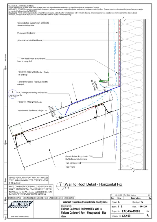 Navigate to C12-09 - Fielders Cadence® Horizontal Fix Wall to Fielders Cadence® Roof - Unsupported - Side view