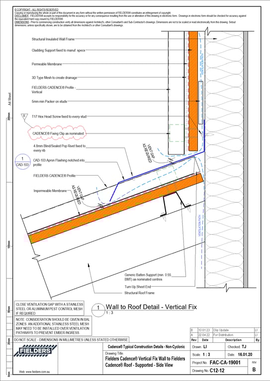 Navigate to C12-12 - Fielders Cadence® Vertical Fix Wall to Fielders Cadence® Roof - Supported - Side View