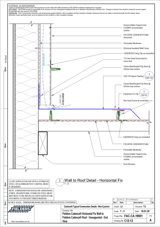  Image of C12-13 - Fielders Cadence® Horizontal Fix Wall to Fielders Cadence® Roof - Unsupported - End View