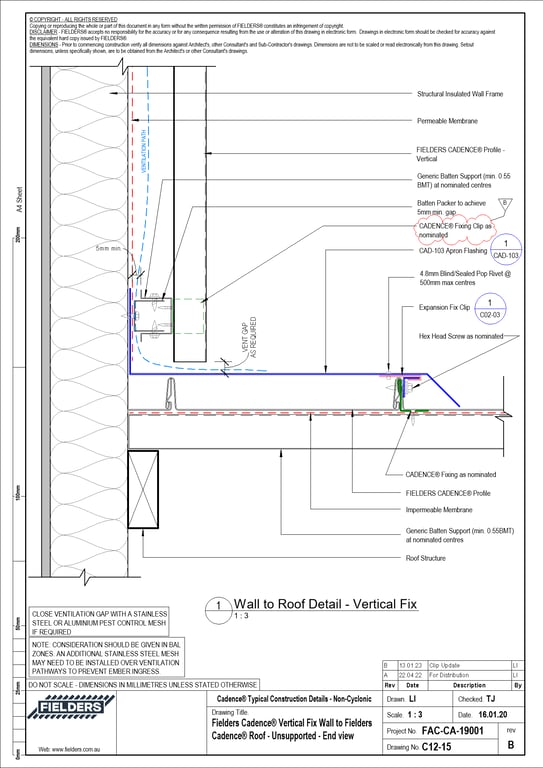 Navigate to C12-15 - Fielders Cadence® Vertical Fix Wall to Fielders Cadence® Roof - Unsupported - End view