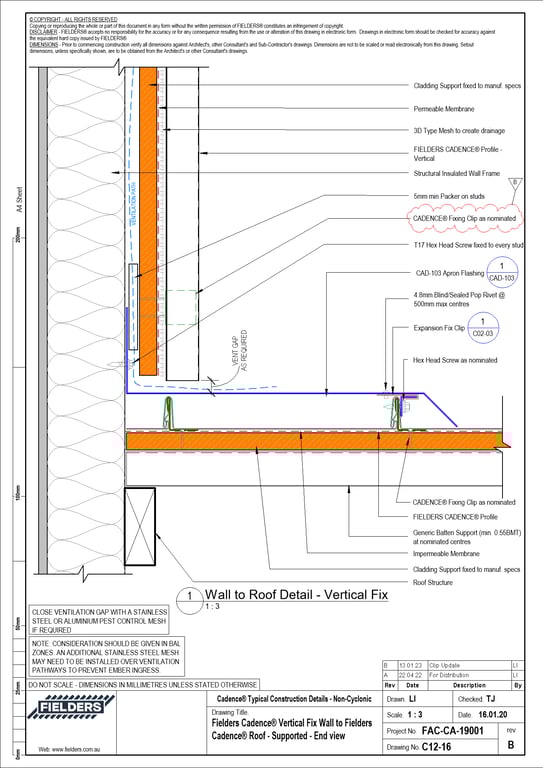 Navigate to C12-16 - Fielders Cadence® Vertical Fix Wall to Fielders Cadence® Roof - Supported - End view