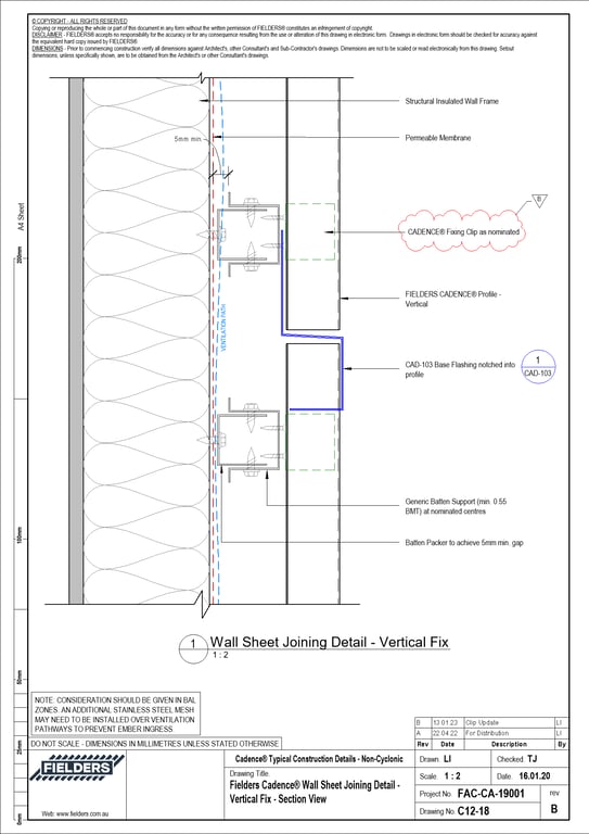 Navigate to C12-18 - Fielders Cadence® Wall Sheet Joining Detail - Vertical Fix - Section View