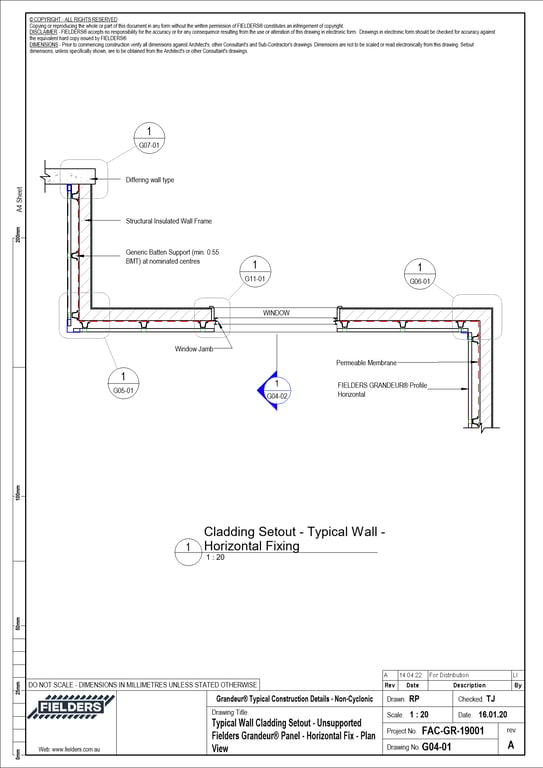 Navigate to G04-01 - Typical Wall Cladding Setout - Unsupported Fielders Grandeur® Panel - Horizontal Fix - Plan View