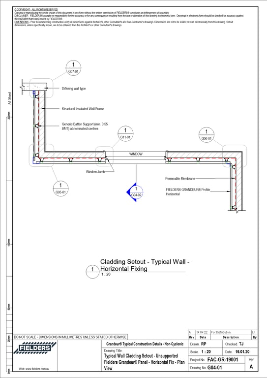 G04-01 - Typical Wall Cladding Setout - Unsupported Fielders Grandeur® Panel - Horizontal Fix - Plan View