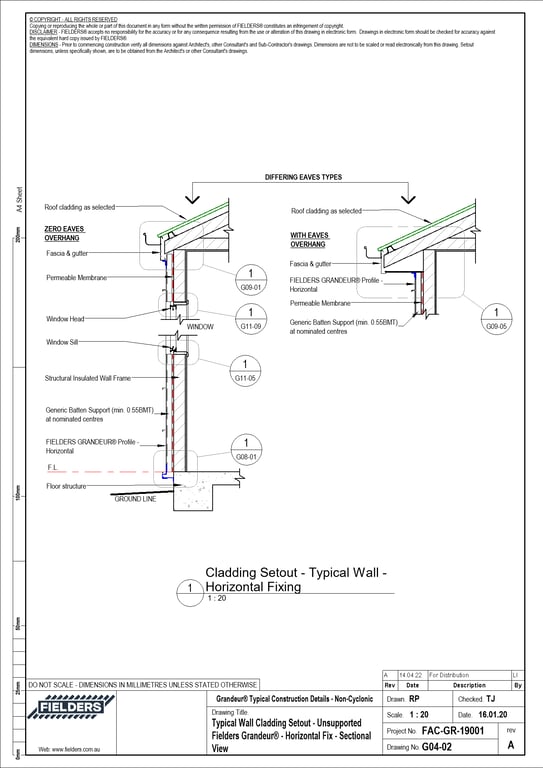 Navigate to G04-02 - Typical Wall Cladding Setout - Unsupported Fielders Grandeur® - Horizontal Fix - Sectional View