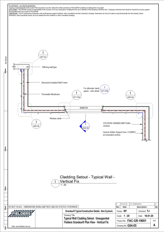 Navigate to G04-05 - Typical Wall Cladding Setout - Unsupported Fielders Grandeur® Plan View - Vertical Fix