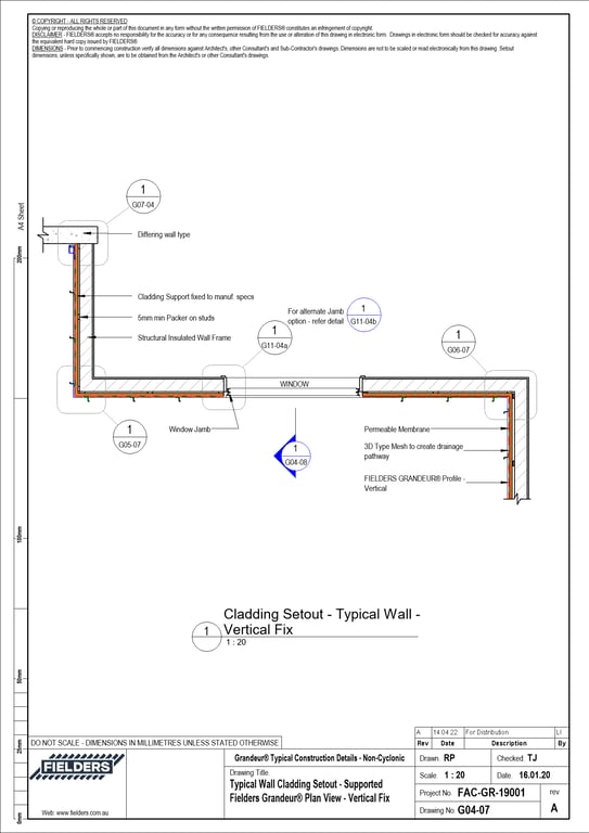 Navigate to G04-07 - Typical Wall Cladding Setout - Supported Fielders Grandeur® Plan View - Vertical Fix