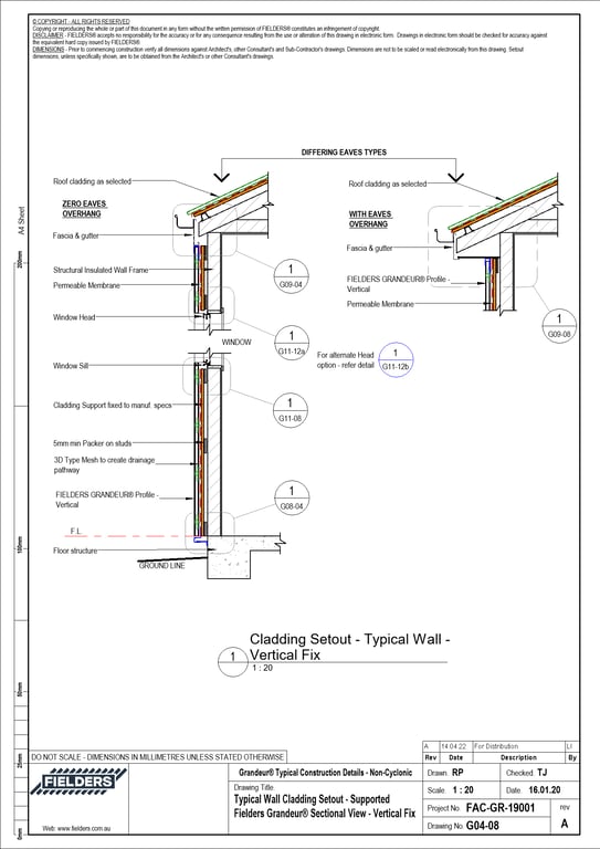 Navigate to G04-08 - Typical Wall Cladding Setout - Supported Fielders Grandeur® Sectional View - Vertical Fix