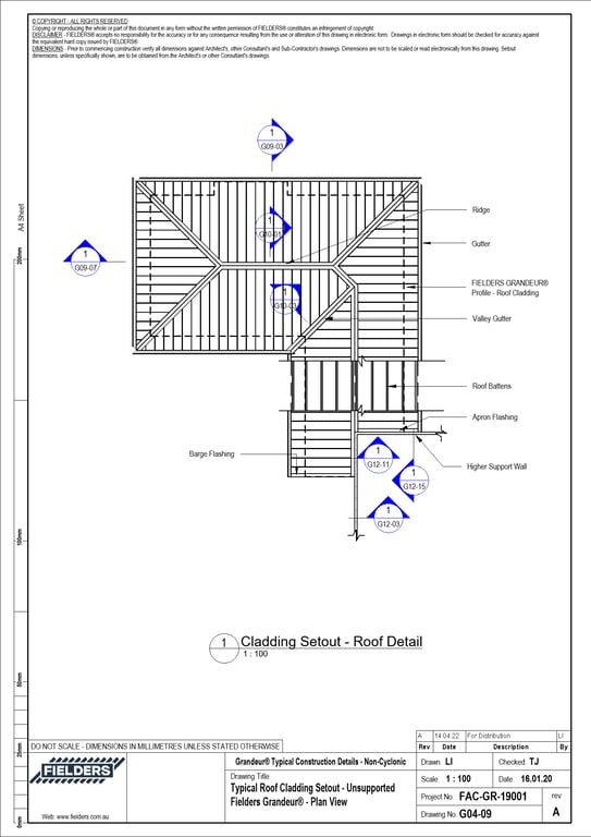  Image of G04-09 - Typical Roof Cladding Setout - Unsupported Fielders Grandeur® - Plan View
