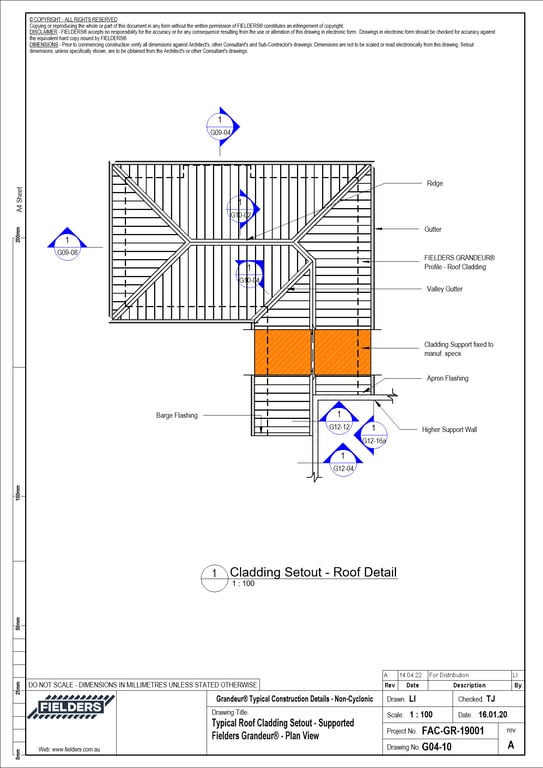 Navigate to G04-10 - Typical Roof Cladding Setout - Supported Fielders Grandeur® - Plan View