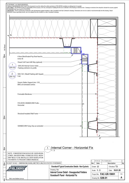 Navigate to G06-01 - Internal Corner Detail - Unsupported Fielders Grandeur® Panel - Horizontal Fix