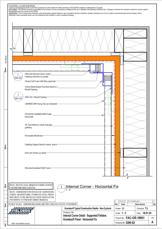Navigate to G06-02 - Internal Corner Detail - Supported Fielders Grandeur® Panel - Horizontal Fix