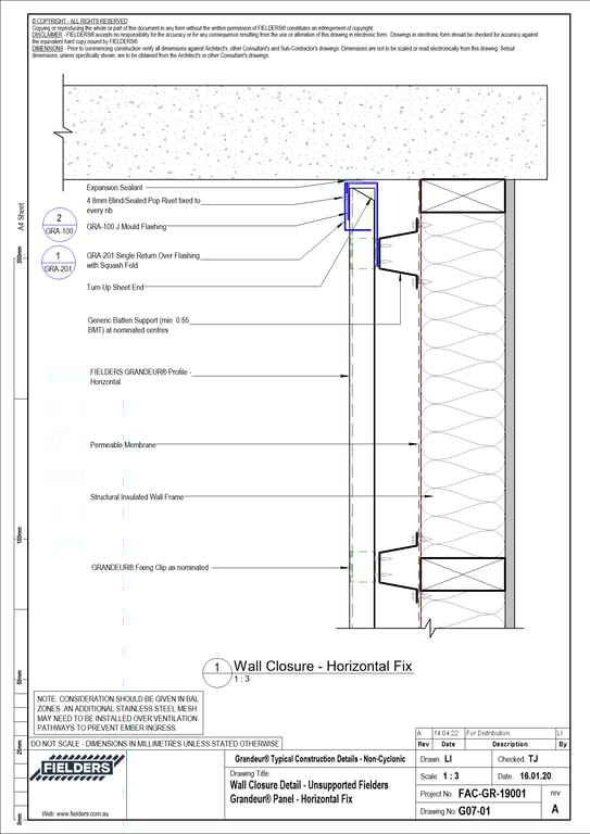 Navigate to G07-01 - Wall Closure Detail - Unsupported Fielders Grandeur® Panel - Horizontal Fix