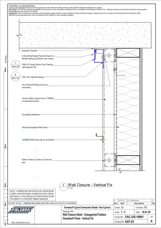 Navigate to G07-03 - Wall Closure Detail - Unsupported Fielders Grandeur® Panel - Vertical Fix