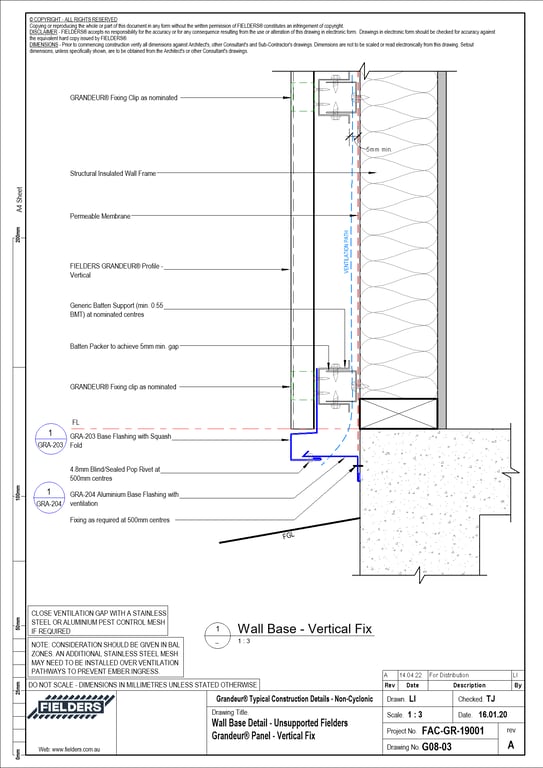 Navigate to G08-03 - Wall Base Detail - Unsupported Fielders Grandeur® Panel - Vertical Fix