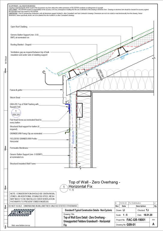 Navigate to G09-01 - Top of Wall Eave Detail - Zero Overhang - Unsupported Fielders Grandeur® - Horizontal Fix