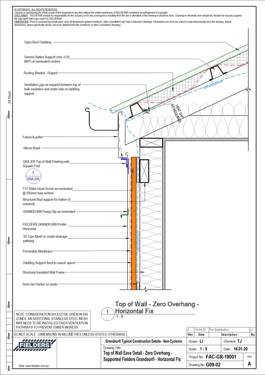 Navigate to G09-02 - Top of Wall Eave Detail - Zero Overhang - Supported Fielders Grandeur® - Horizontal Fix