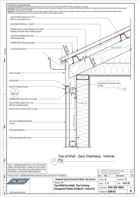 Navigate to G09-03 - Top of Wall Eave Detail - Zero Overhang - Unsupported Fielders Grandeur® - Vertical Fix