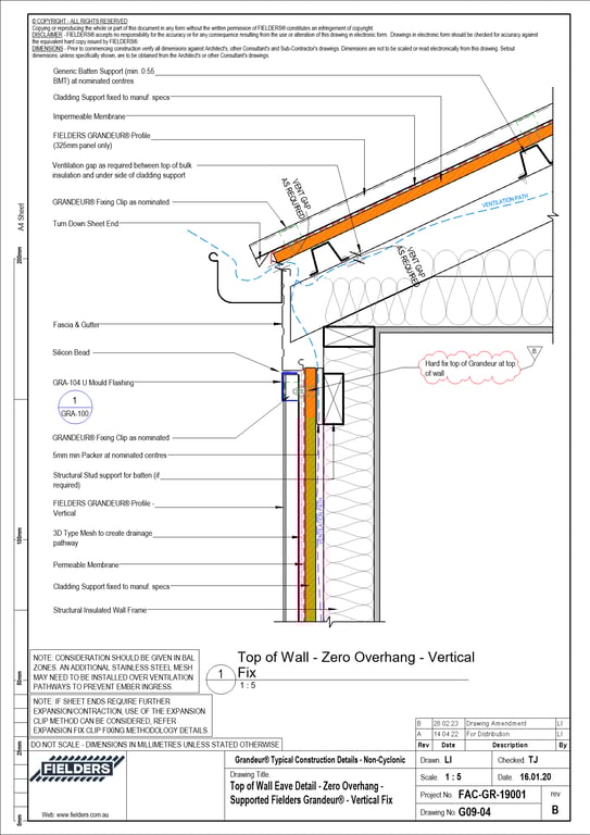 Navigate to G09-04 - Top of Wall Eave Detail - Zero Overhang - Supported Fielders Grandeur® - Vertical Fix