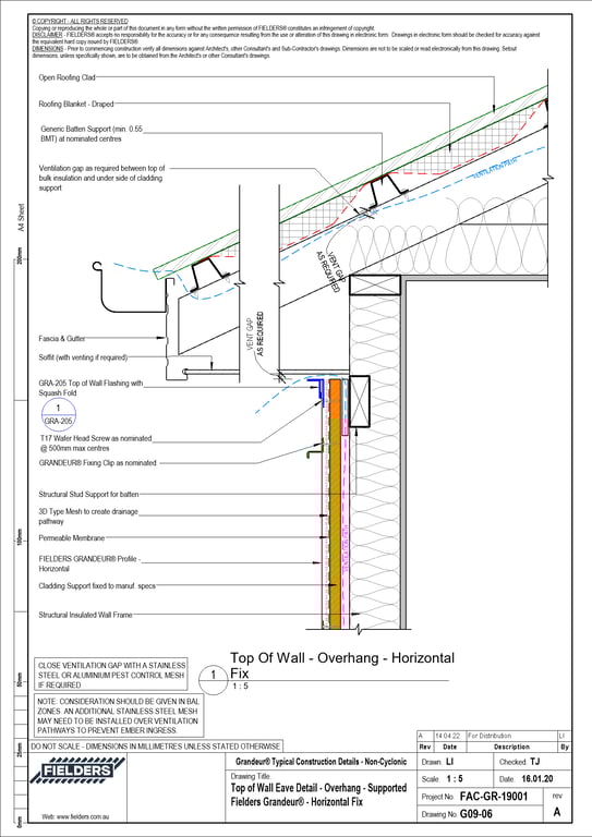  Image of G09-06 - Top of Wall Eave Detail - Overhang - Supported Fielders Grandeur® - Horizontal Fix