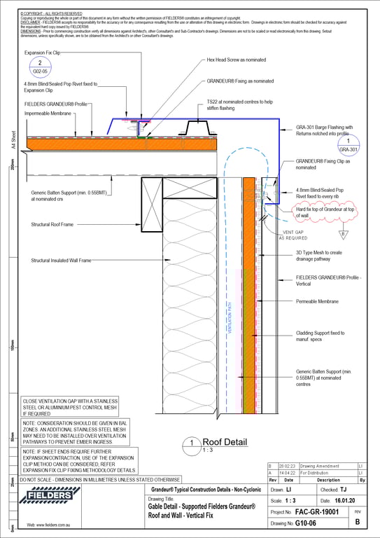 Navigate to G10-06 - Gable Detail - Supported Fielders Grandeur® Roof and Wall - Vertical Fix