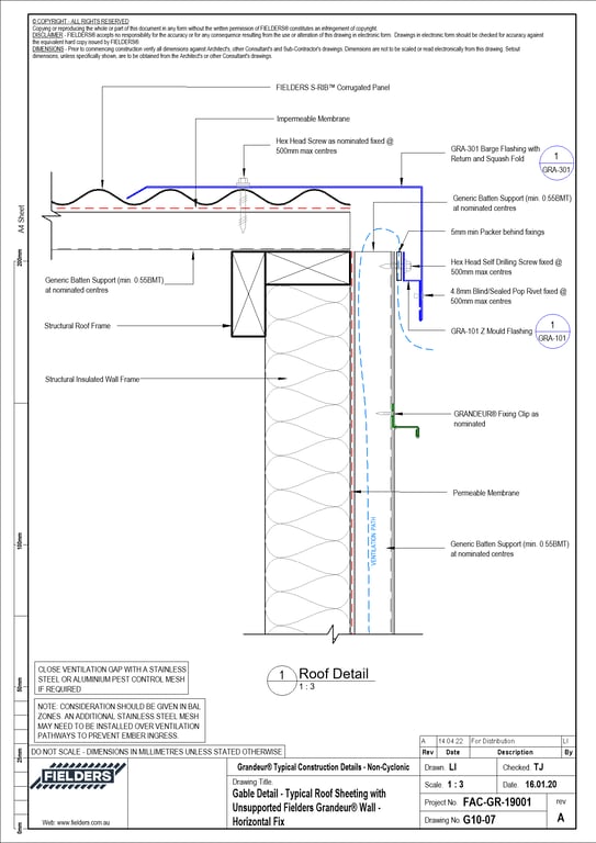 Navigate to G10-07 - Gable Detail - Typical Roof Sheeting with Unsupported Fielders Grandeur® Wall - Horizontal Fix