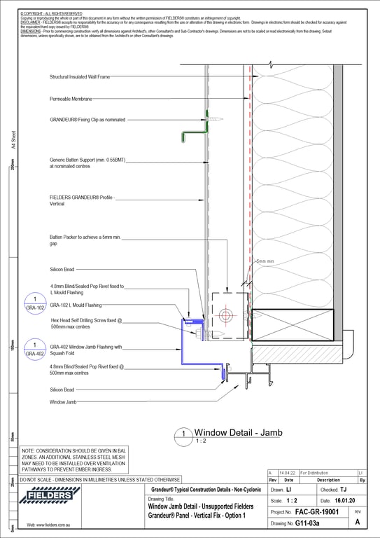 Navigate to G11-03a - Window Jamb Detail - Unsupported Fielders Grandeur® Panel - Vertical Fix - Option 1