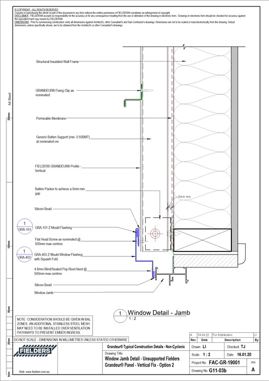Navigate to G11-03b - Window Jamb Detail - Unsupported Fielders Grandeur® Panel - Vertical Fix - Option 2