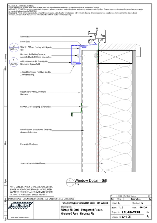 Navigate to G11-05 - Window Sill Detail - Unsupported Fielders Grandeur® Panel - Horizontal Fix