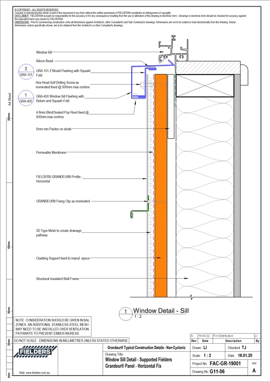 Navigate to G11-06 - Window Sill Detail - Supported Fielders Grandeur® Panel - Horizontal Fix