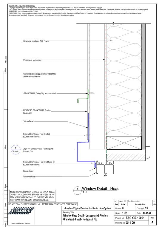 Navigate to G11-09 - Window Head Detail - Unsupported Fielders Granduer® Panel - Horizontal Fix