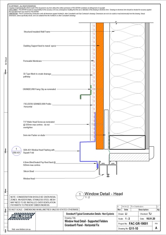 Navigate to G11-10 - Window Head Detail - Supported Fielders Granduer® Panel - Horizontal Fix