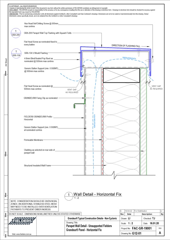 Navigate to G12-01 - Parapet Wall Detail - Unsupported Fielders Grandeur® Panel - Horizontal Fix