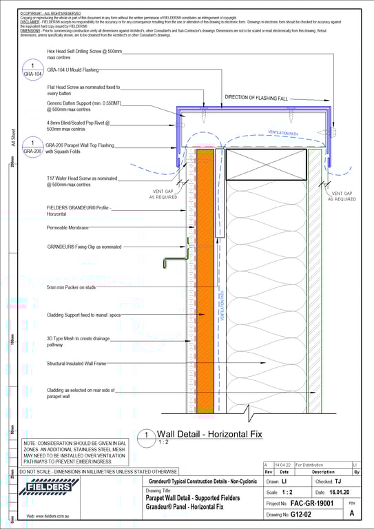 Navigate to G12-02 - Parapet Wall Detail - Supported Fielders Grandeur® Panel - Horizontal Fix