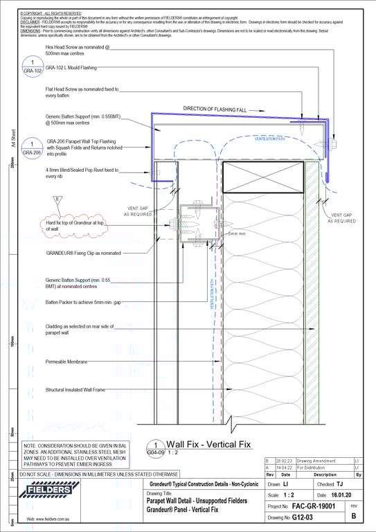 Navigate to G12-03 - Parapet Wall Detail - Unsupported Fielders Grandeur® Panel - Vertical Fix