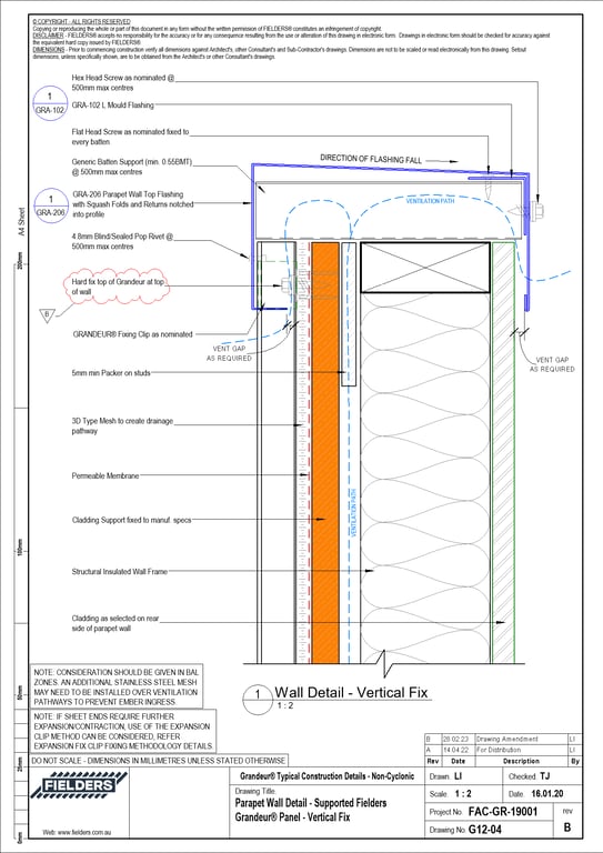  Image of G12-04 - Parapet Wall Detail - Supported Fielders Grandeur® Panel - Vertical Fix