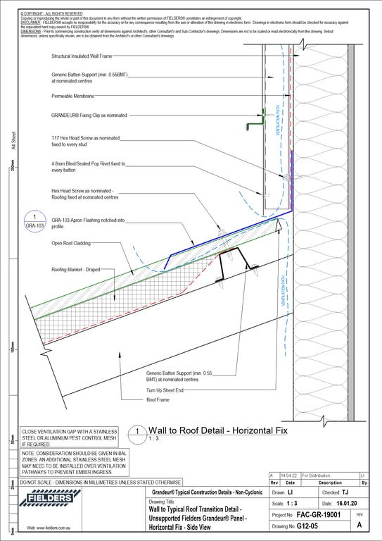 Navigate to G12-05 - Wall to Typical Roof Transition Detail - Unsupported Fielders Grandeur® Panel - Horizontal Fix - Side View