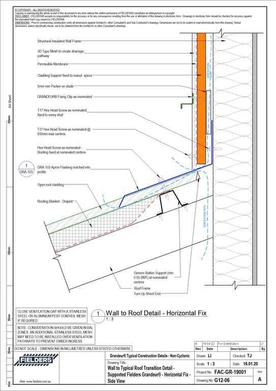 Navigate to G12-06 - Wall to Typical Roof Transition Detail - Supported Fielders Grandeur® - Horizontal Fix - Side View