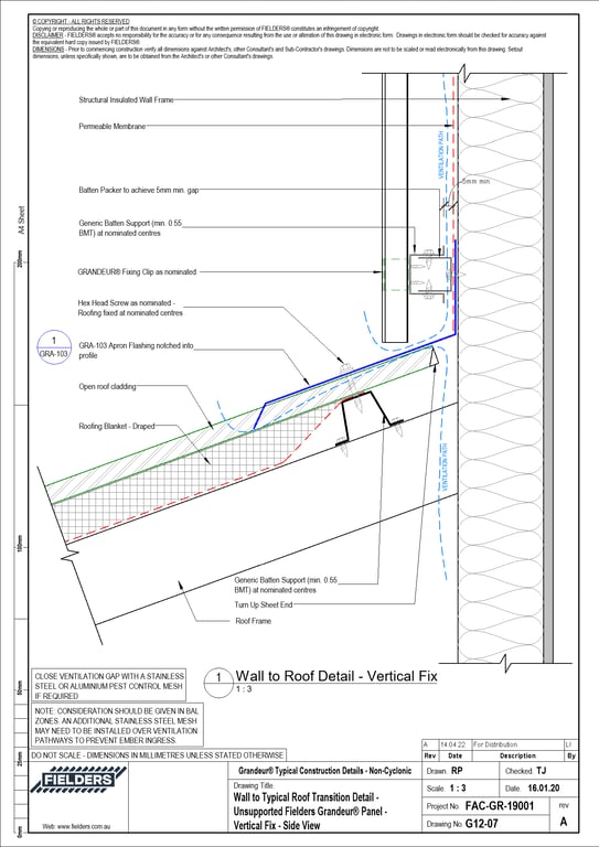 G12-07 - Wall to Typical Roof Transition Detail - Unsupported Fielders Grandeur® Panel - Vertical Fix - Side View